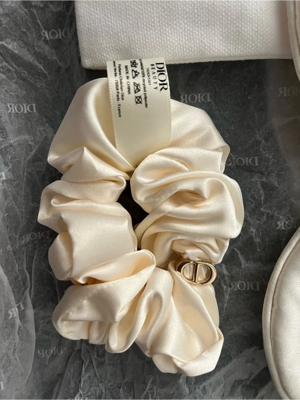 Dior Satin Scrunchie in Ivory with Gold CD Charm